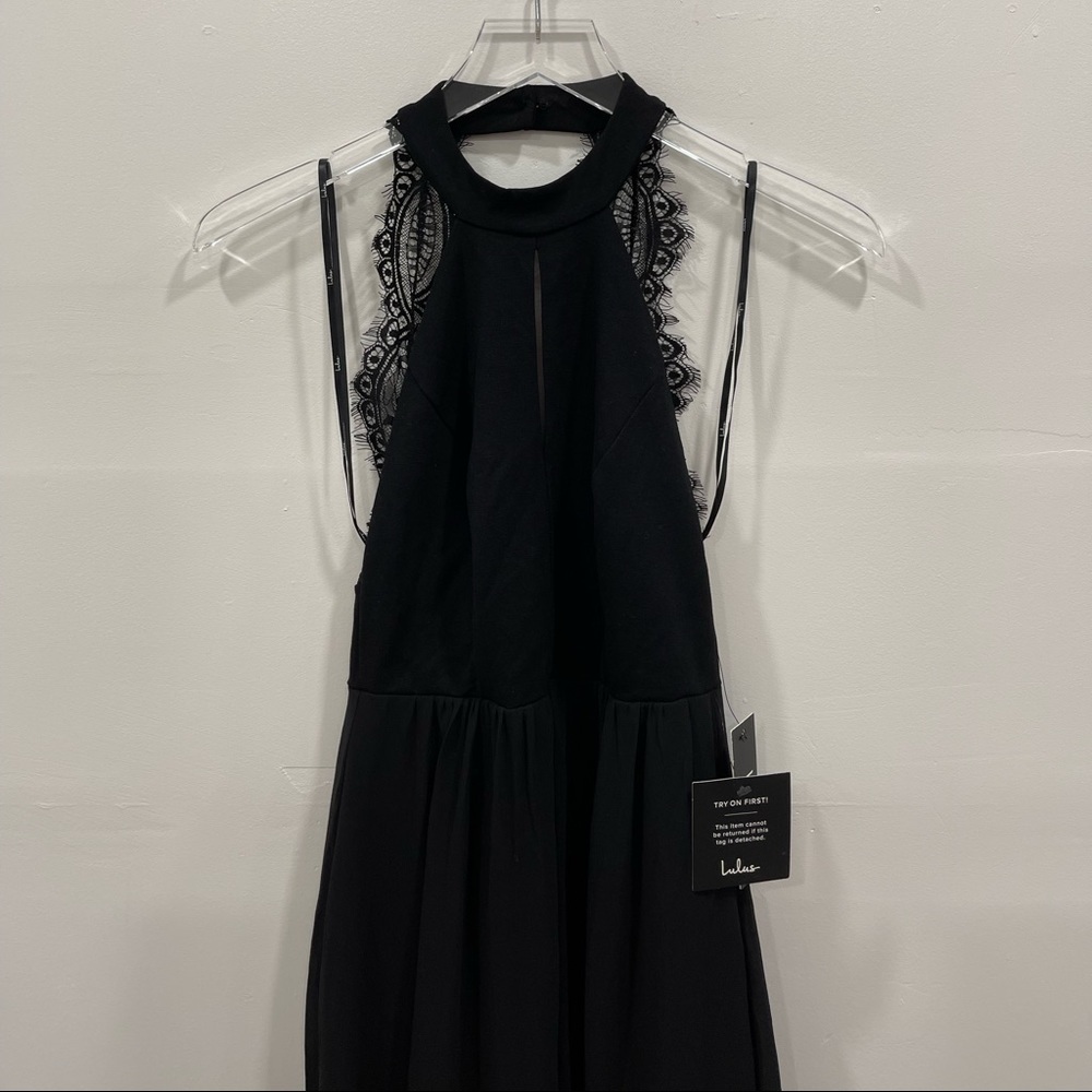 Lulu’s My Beloved Halter Black Lace Maxi Dress Front Slit Overlay Skirt X-Small - Picture 3 of 10
